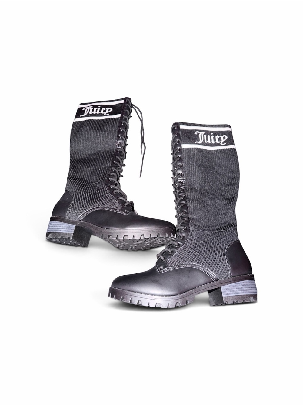 Juicy Couture Black Knee High Lace-Up Combat Boots Chunky Heel Lug Sole